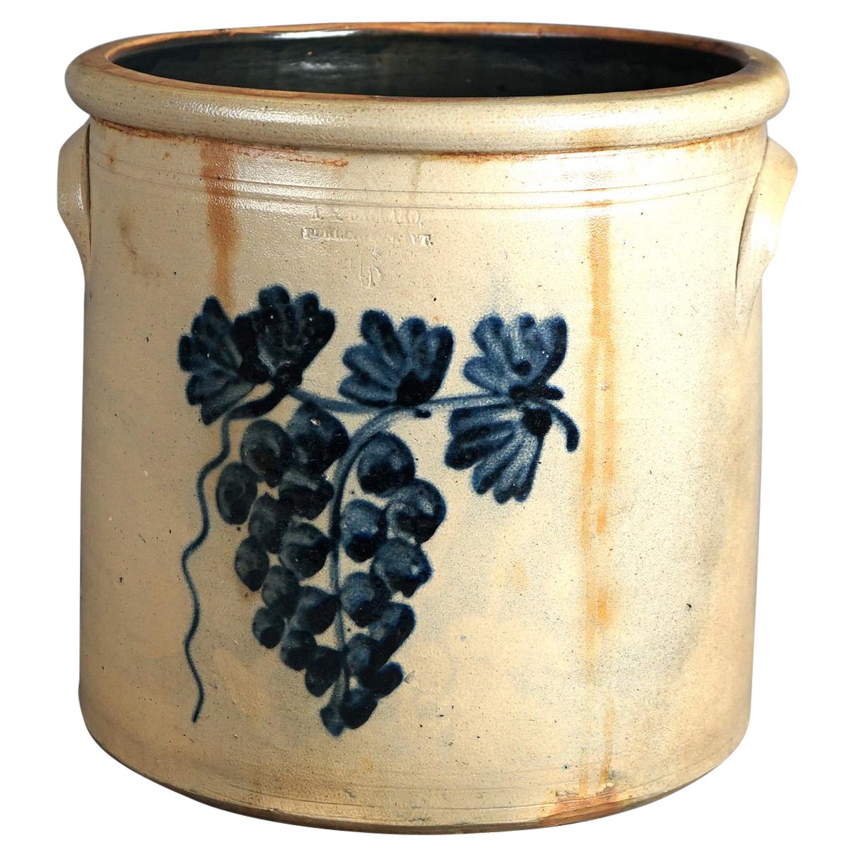 Antique Burlington Salt Glazed Blue Decorated Stoneware Crock with Grapes c1870 For Sale