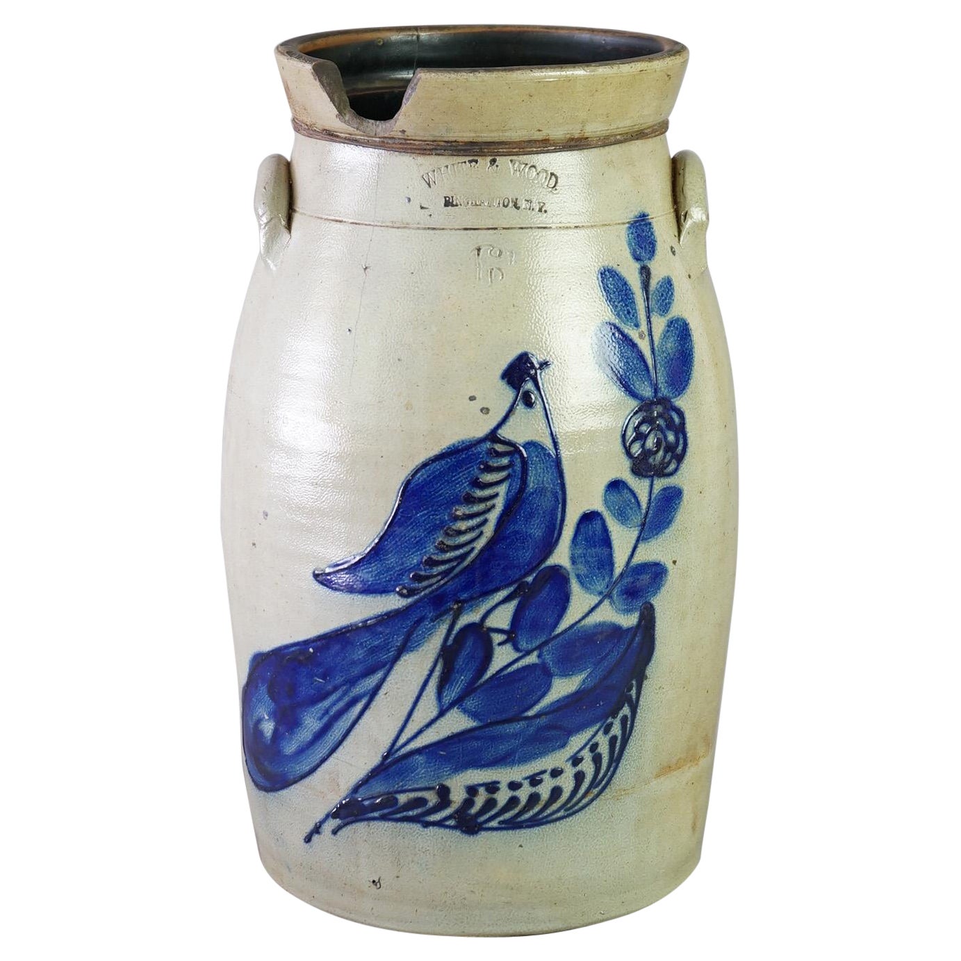 Antique Binghamton White & Wood Paddle Bird Blue Decorated Stoneware Churn c1870