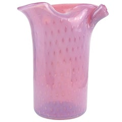 Fratelli Toso Murano Opal Pink Bubbles Italian Art Glass Scroll Top Flower Vase