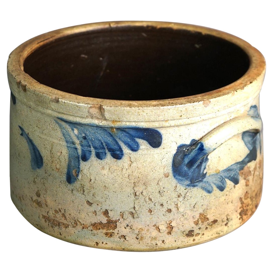 Cake Crock ancien en grès bleu décoré de fleurs de Philadelphie, vers 1870