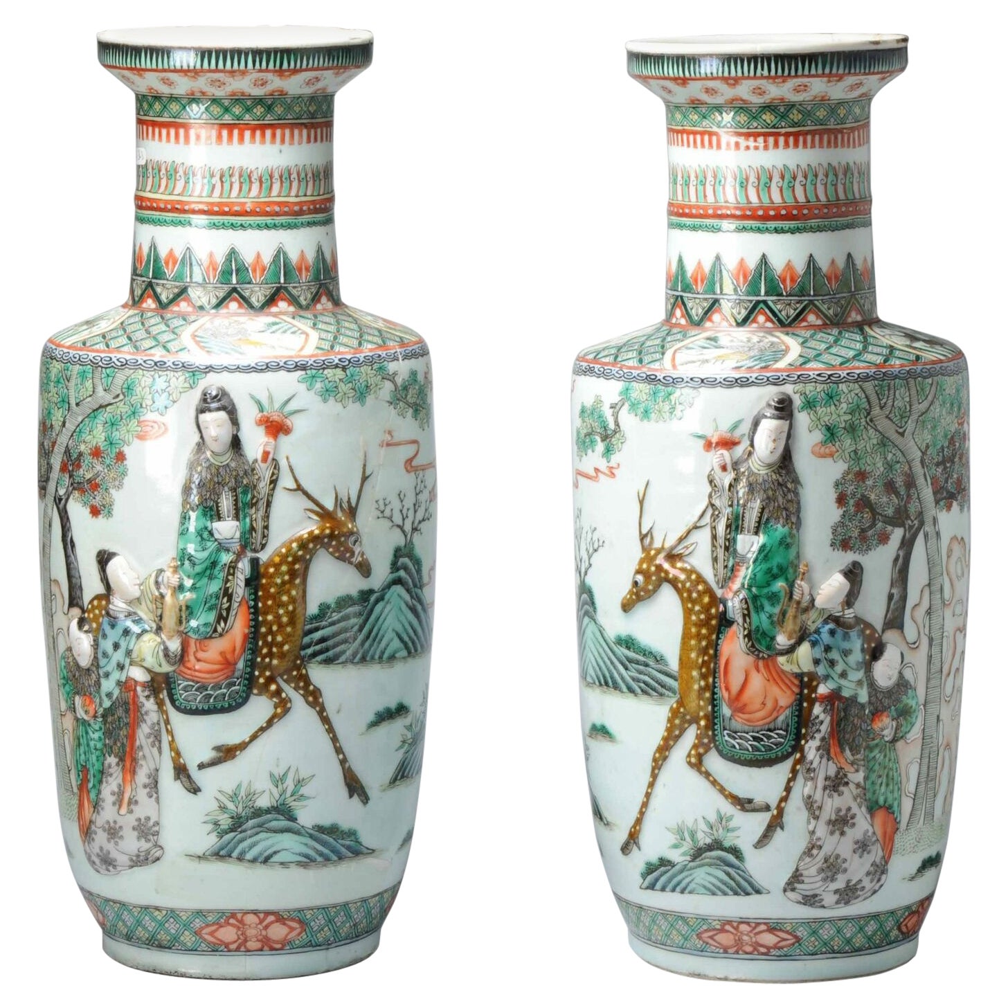 Pair Antique Daoguang Mark & Period Vases Chinese Porcelain Qing Elephant Relief