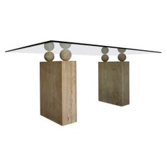 1970's Postmodern Italian Travertine Double Pedestal & Glass Dining Table
