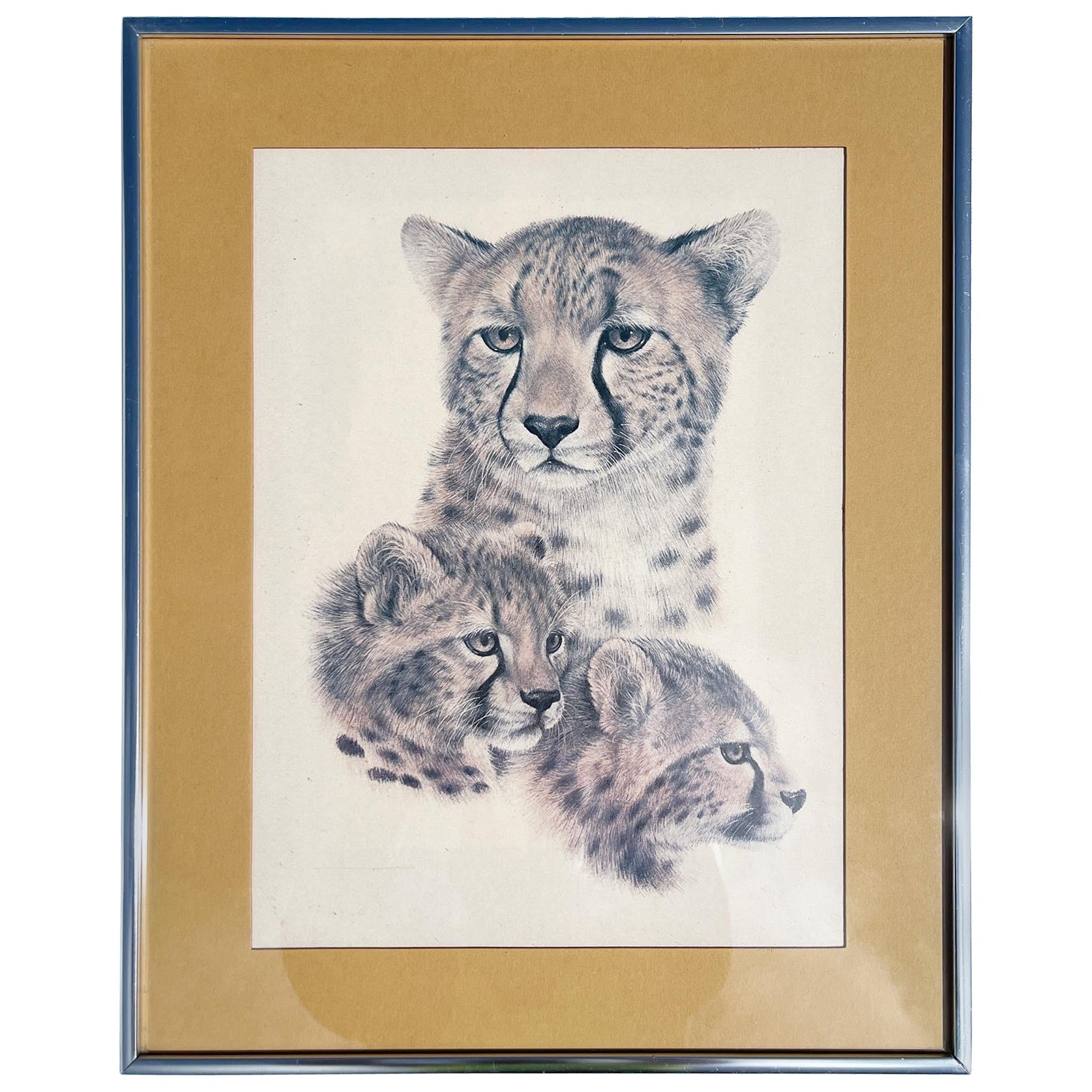 1970s Chrome Framed Portrait of Cheetahs For Sale