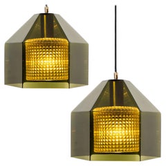 Swedish Green Tinted Glass & Brass Pendant Lamp by Carl Fagerlund for Orrefors