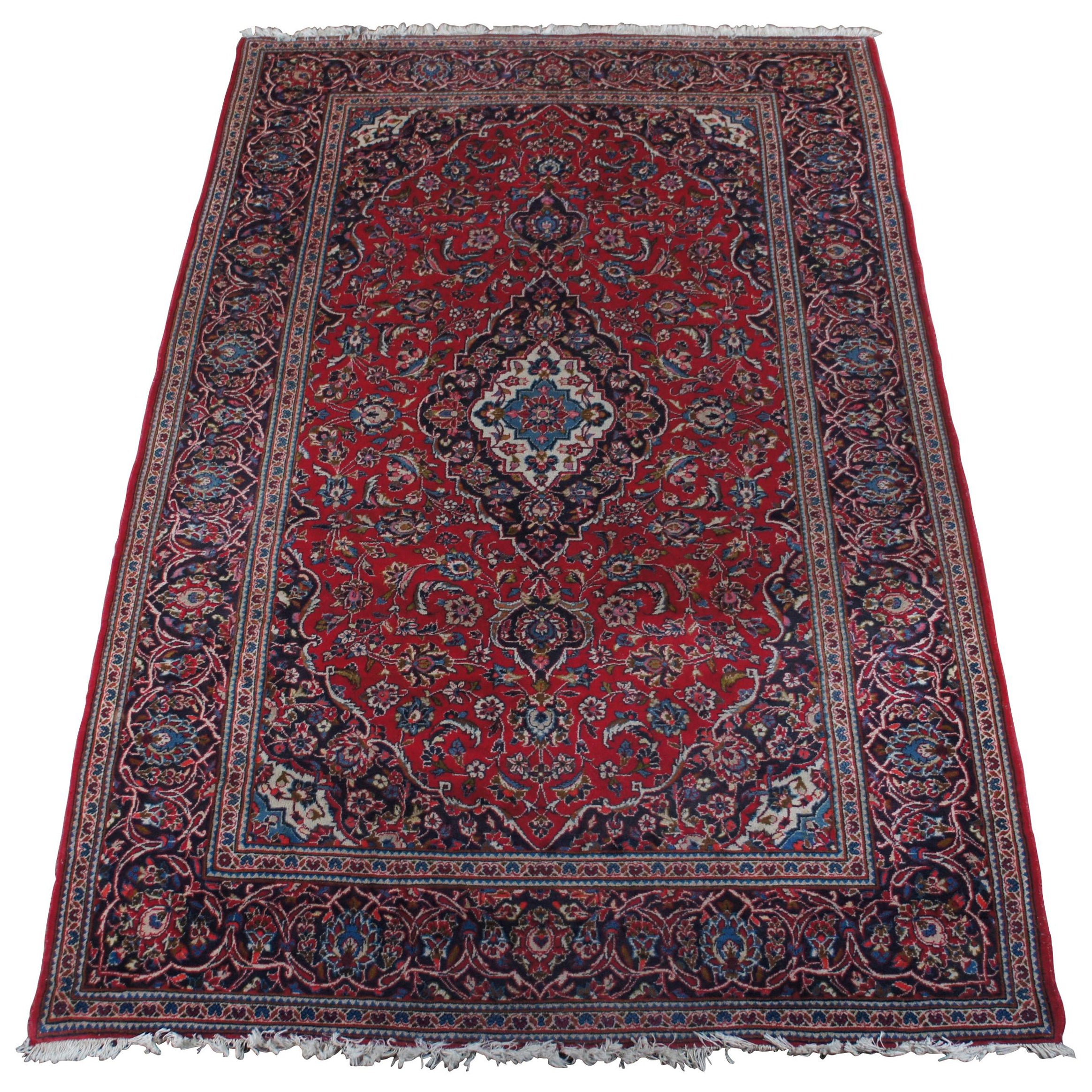 Vintage Hand Knotted Kashan Persian Blue & Red Wool Area Rug Carpet 6.5' x 10'