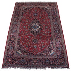 Used Hand Knotted Kashan Persian Blue & Red Wool Area Rug Carpet 6.5' x 10'