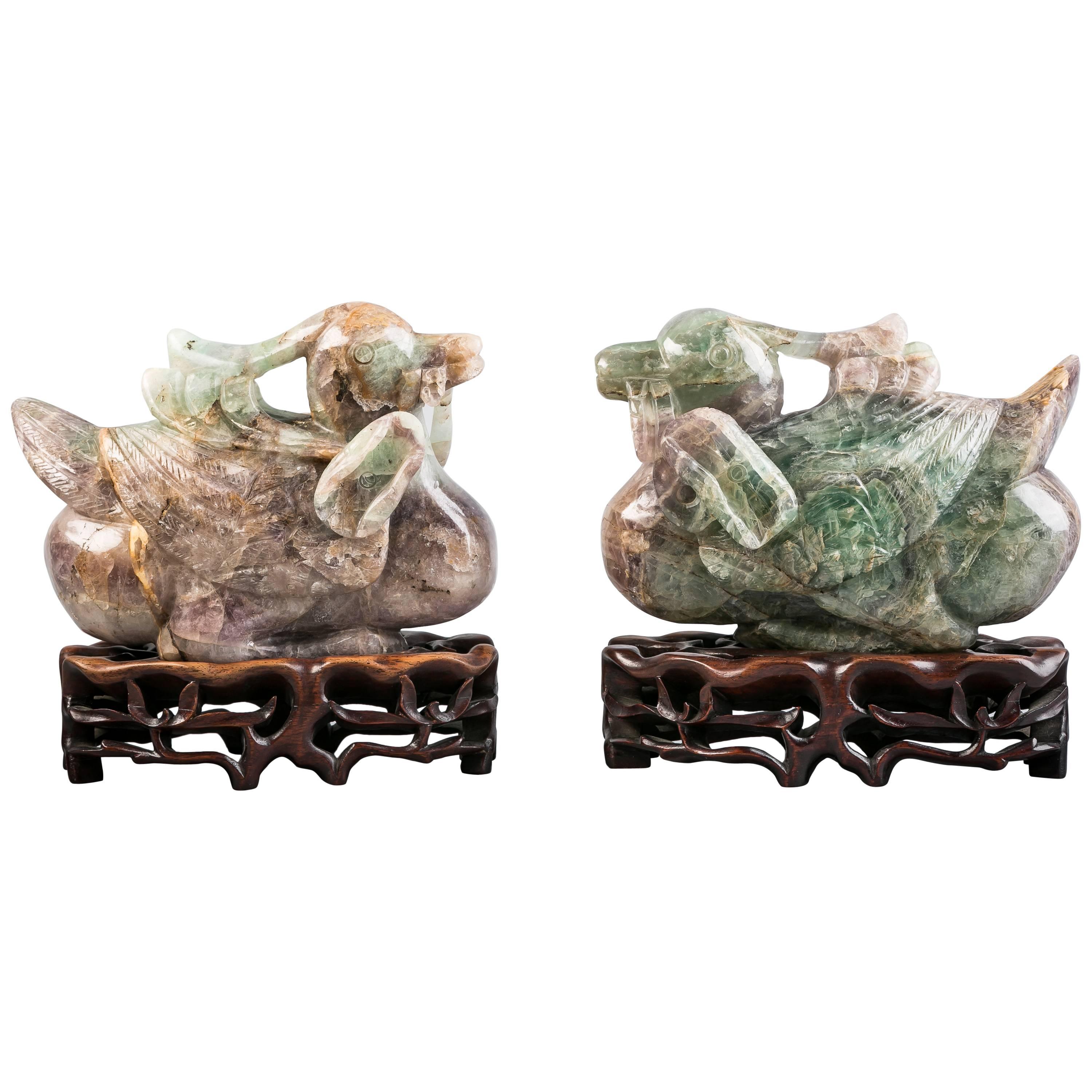 Pair of Chinese Amethyst and Green Quartz Ducks on Stands, 19th Century For Sale