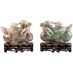 Antique Pair of Chinese Amethyst and Green Quartz Ducks on Stands, 19th Century