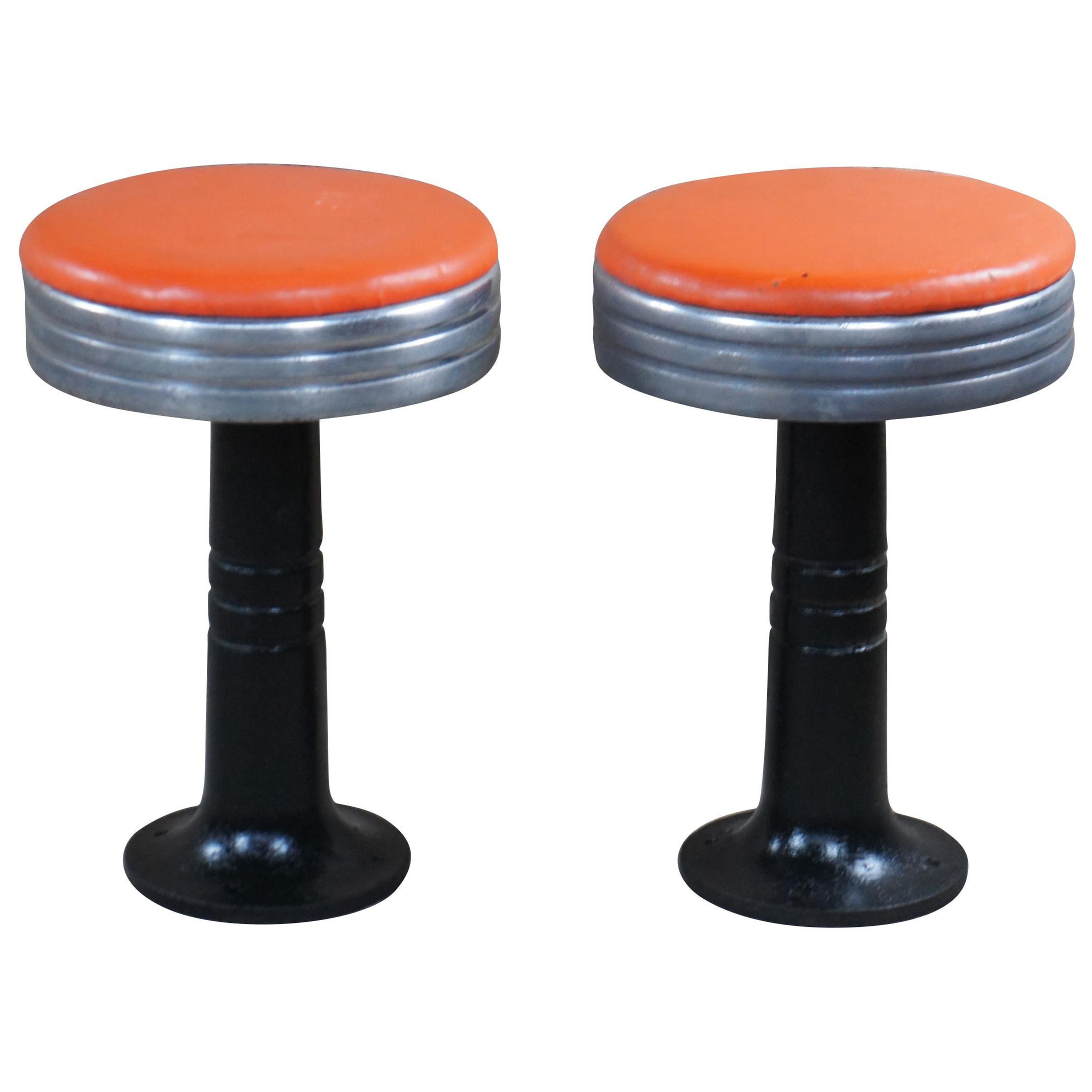 Pair 1940s Vintage Chrome Swivel Soda Fountain Ice Cream Bar Diner Stools Orange For Sale