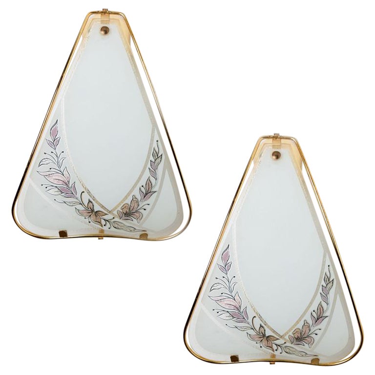 White Glass and Brass Ornate Flower Wall Sconces For Sale