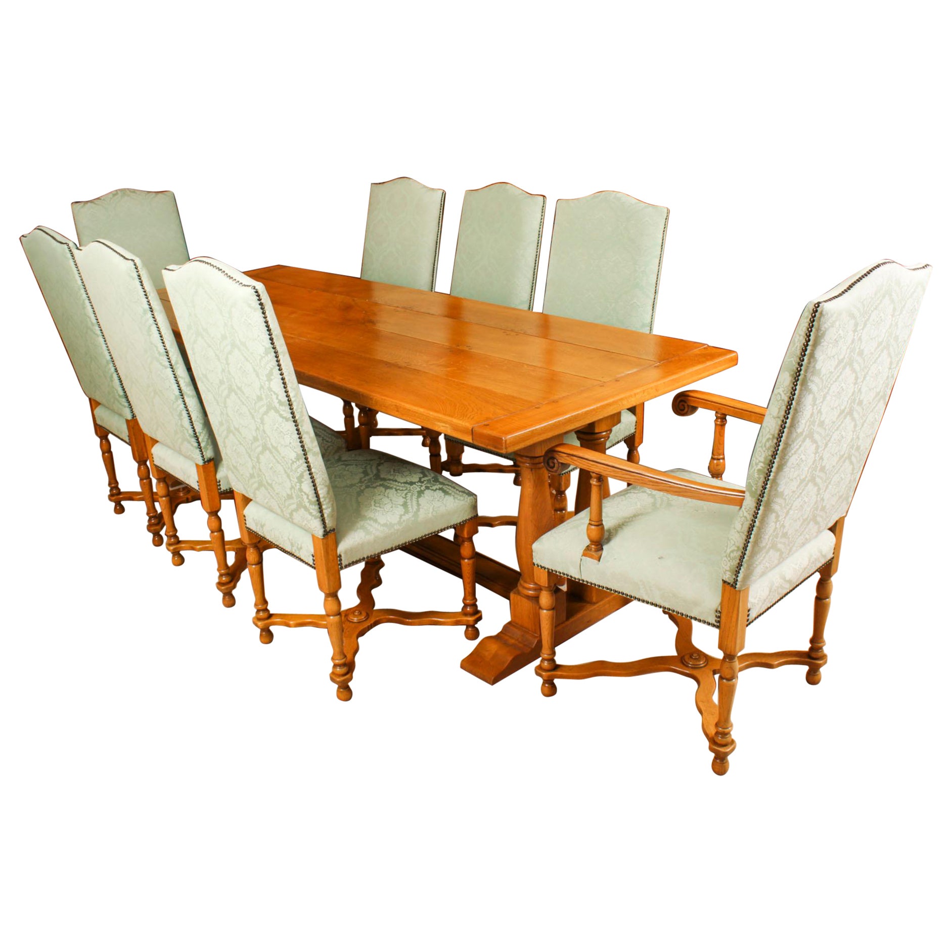 Vintage solid oak Refectory Dining Table, 8 Chairs and Sideboard Late 20th C