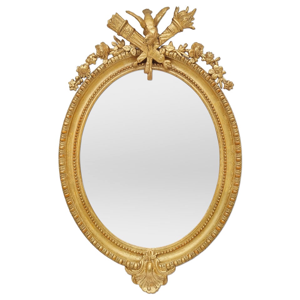 Rare Antique French Giltwood Oval Mirror With Pediment, circa 1890 For Sale