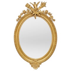 Rare Antique French Giltwood Oval Mirror With Pediment, circa 1890