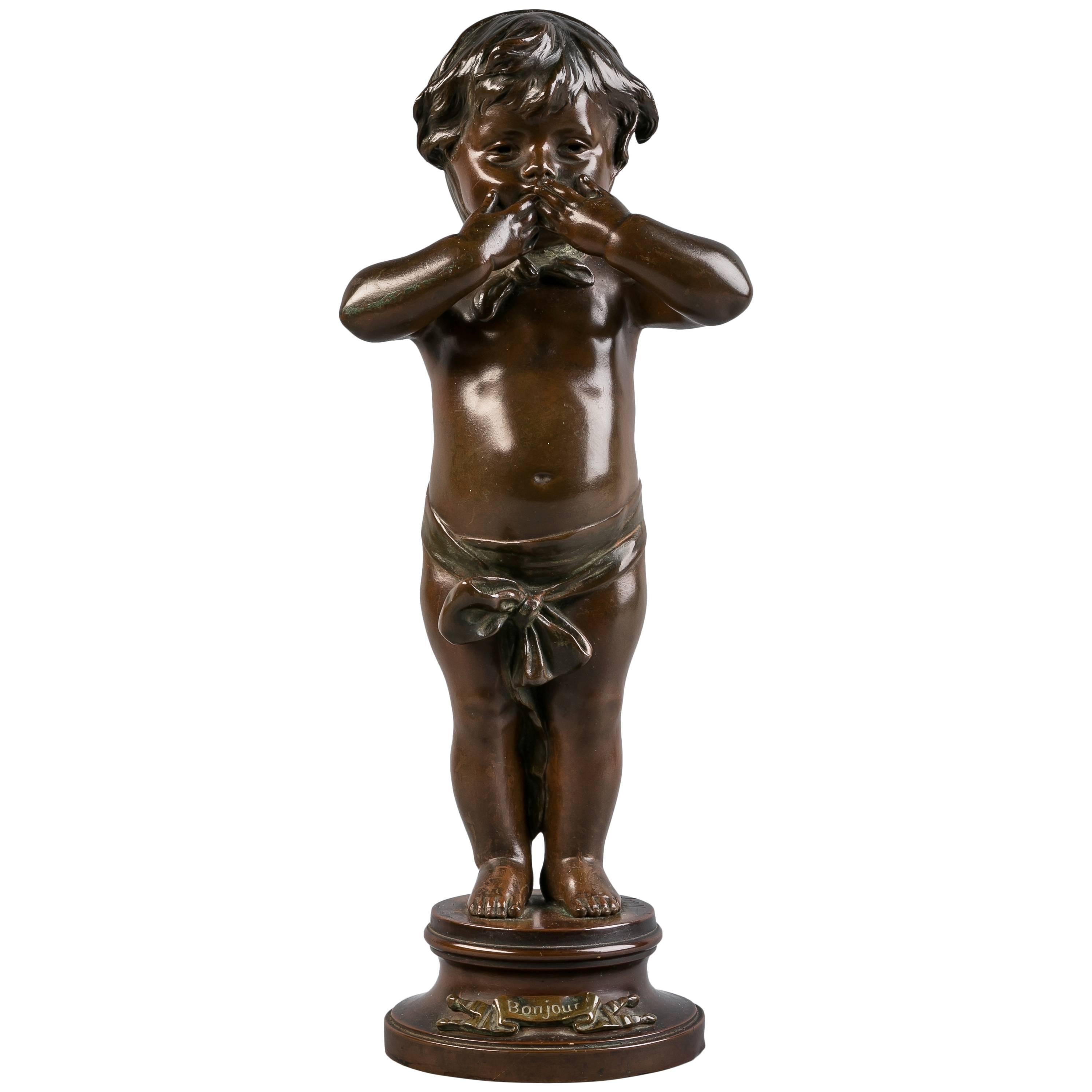 Bronzeskulptur eines Kindes, das einen Kissen bläßt, um 1875