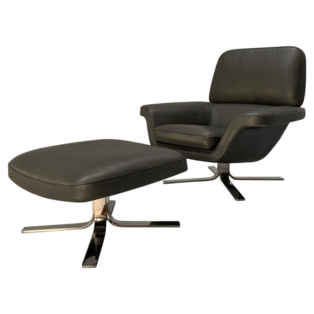 Minotti “Blake Soft” Armchair & Footstool – In Dark Grey “Pelle” Leather