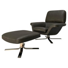 Used Minotti “Blake Soft” Armchair & Footstool – In Dark Grey “Pelle” Leather