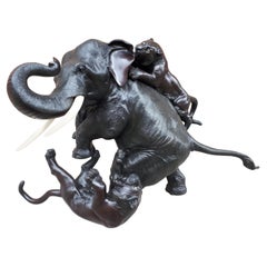 Antique Okimono - Bronze Sculpture Of An Elephant Attacked By Tigers, Japan Meiji Era