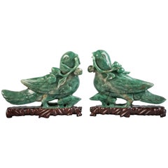 Pair of Chinese Hardstone Birds on Wood Stands, circa 1880
