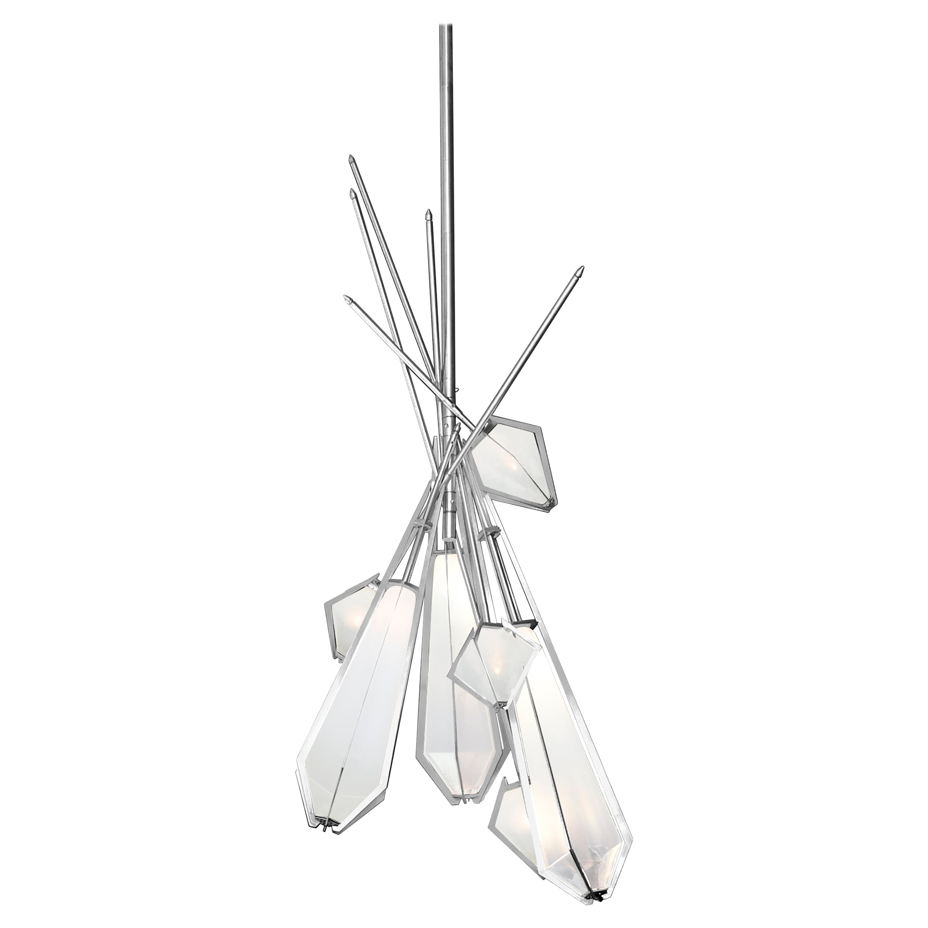 Harlow Dried Flowers Chandelier in Satin Nickel and Alabaster White Glass For Sale