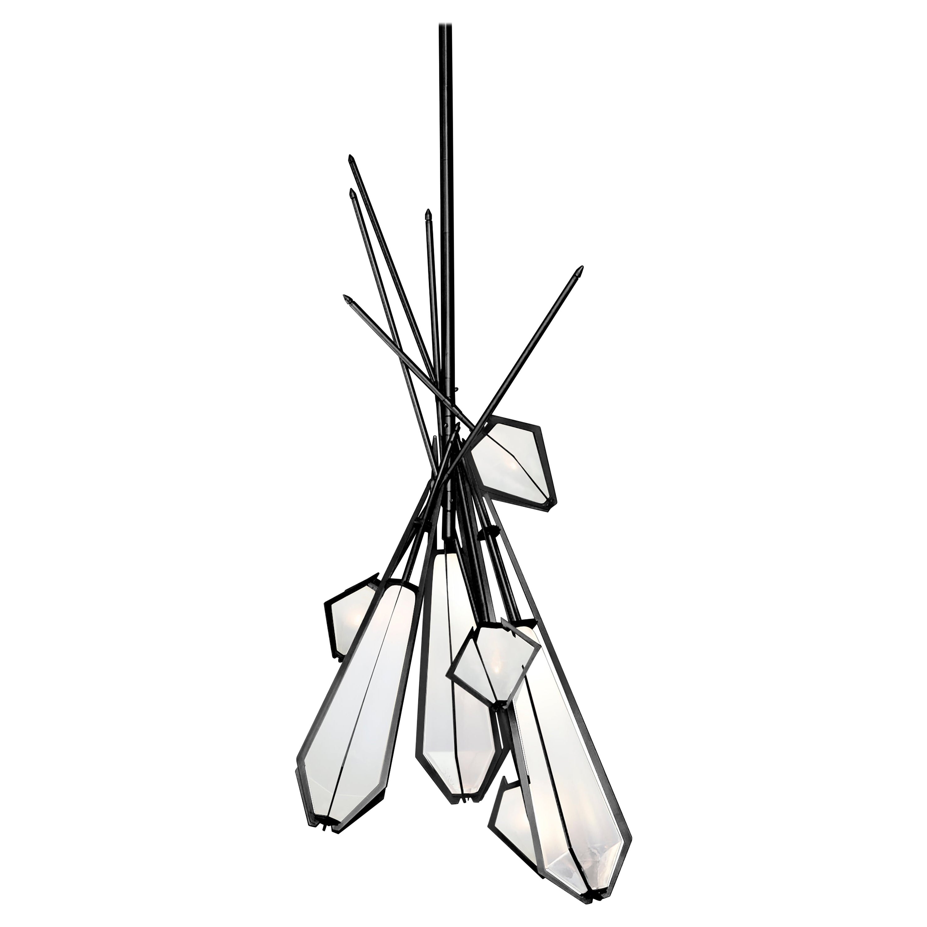 Harlow Dried Flowers Chandelier in Blackened Steel and Alabaster White Glass For Sale