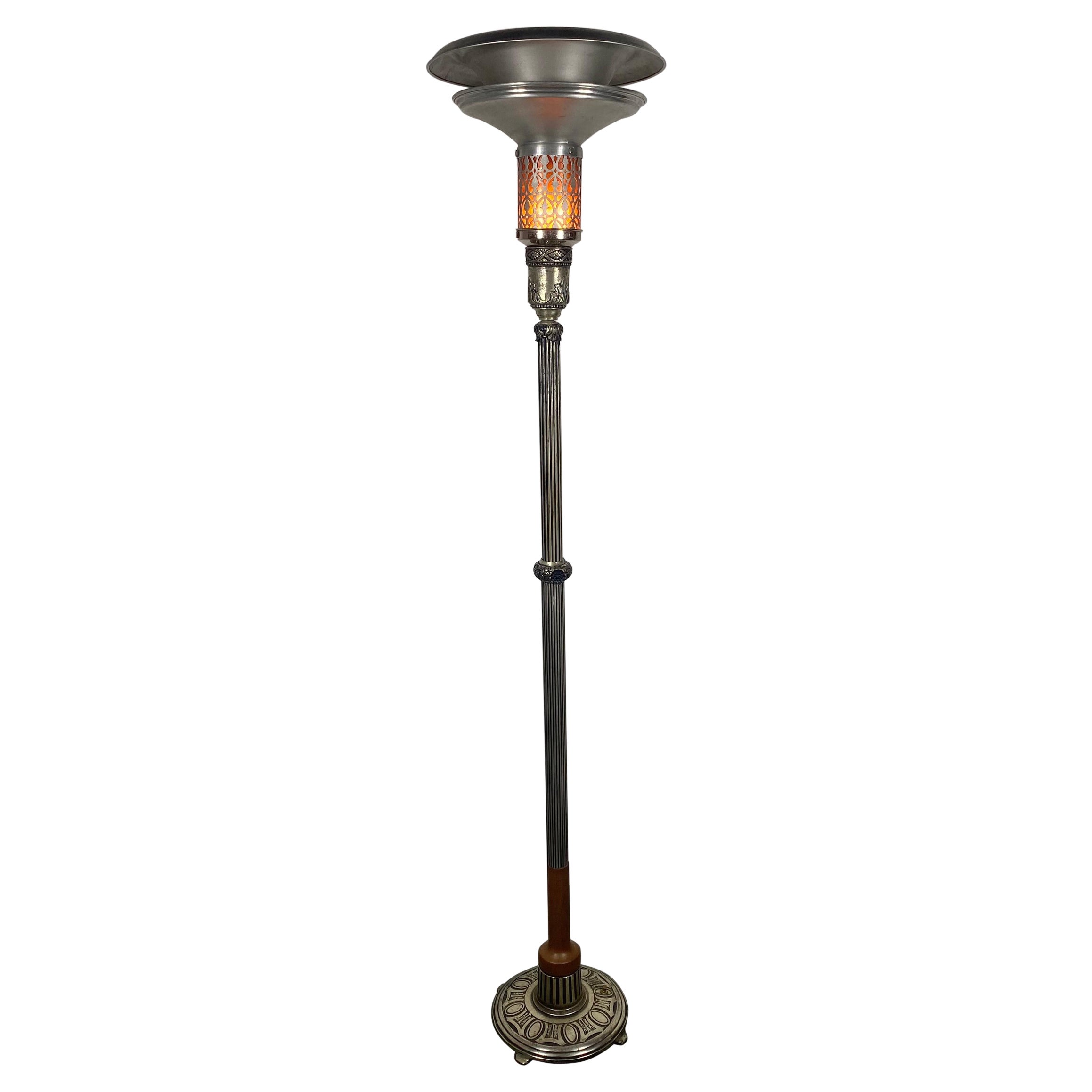 Torchère / lampadaire Art Déco inhabituel en aluminium et bois 