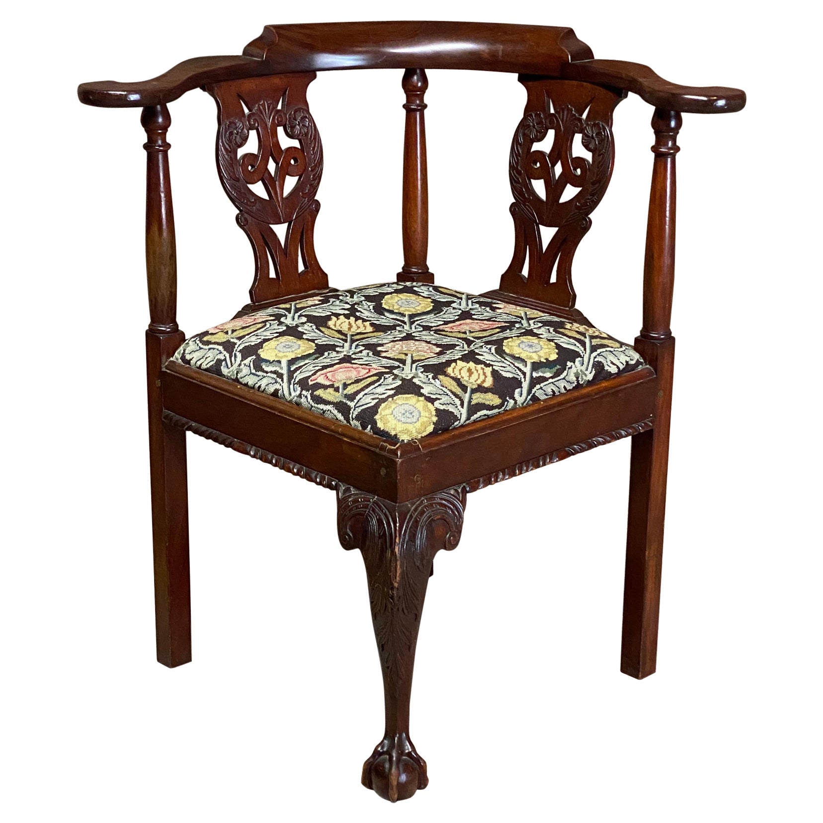 Carved Mahogany Claw and Ball Chippendale Corner Chair