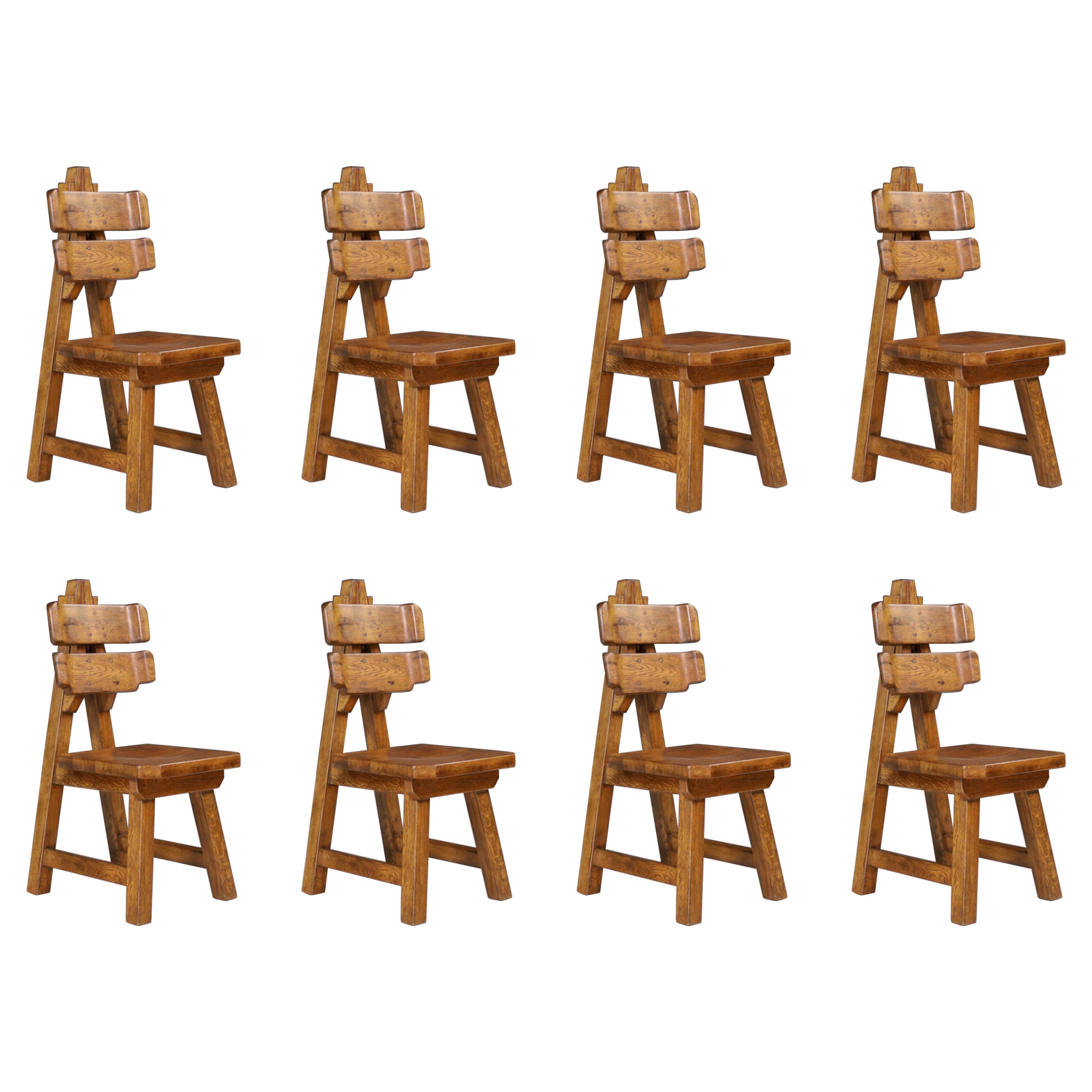 Sculptural Set of Eight Brutalist Dining Chairs in Solid Oak, France, 1960s  