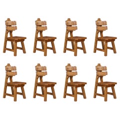 Vintage Sculptural Set of Eight Brutalist Dining Chairs in Solid Oak, France, 1960s  