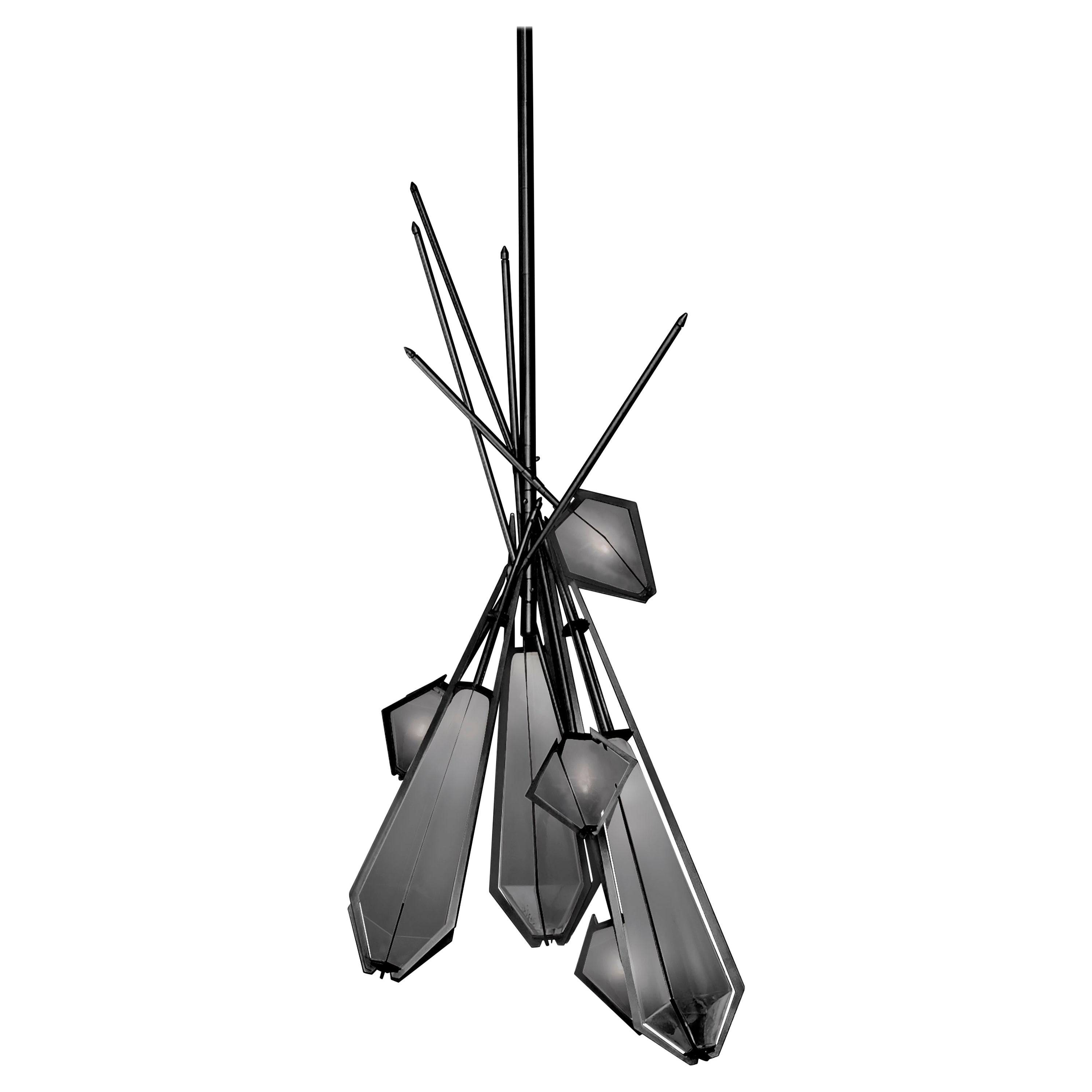 Harlow Dried Flowers Chandelier in Blackened Steel and Smoked Gray Glass For Sale