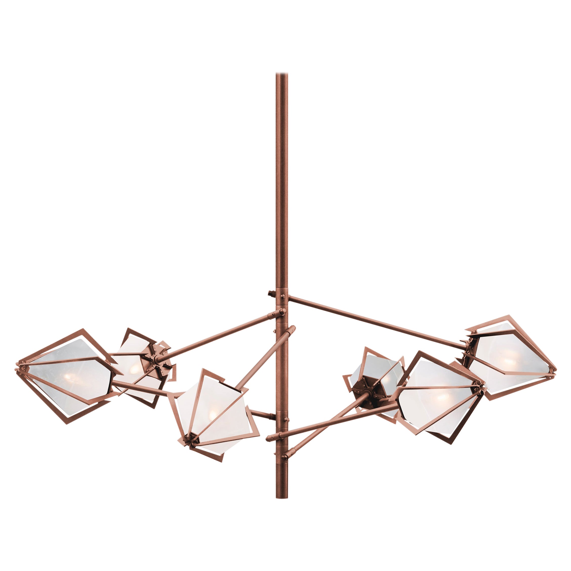 Harlow Spoke Chandelier Small in Satin Copper and Alabaster White Glass For Sale