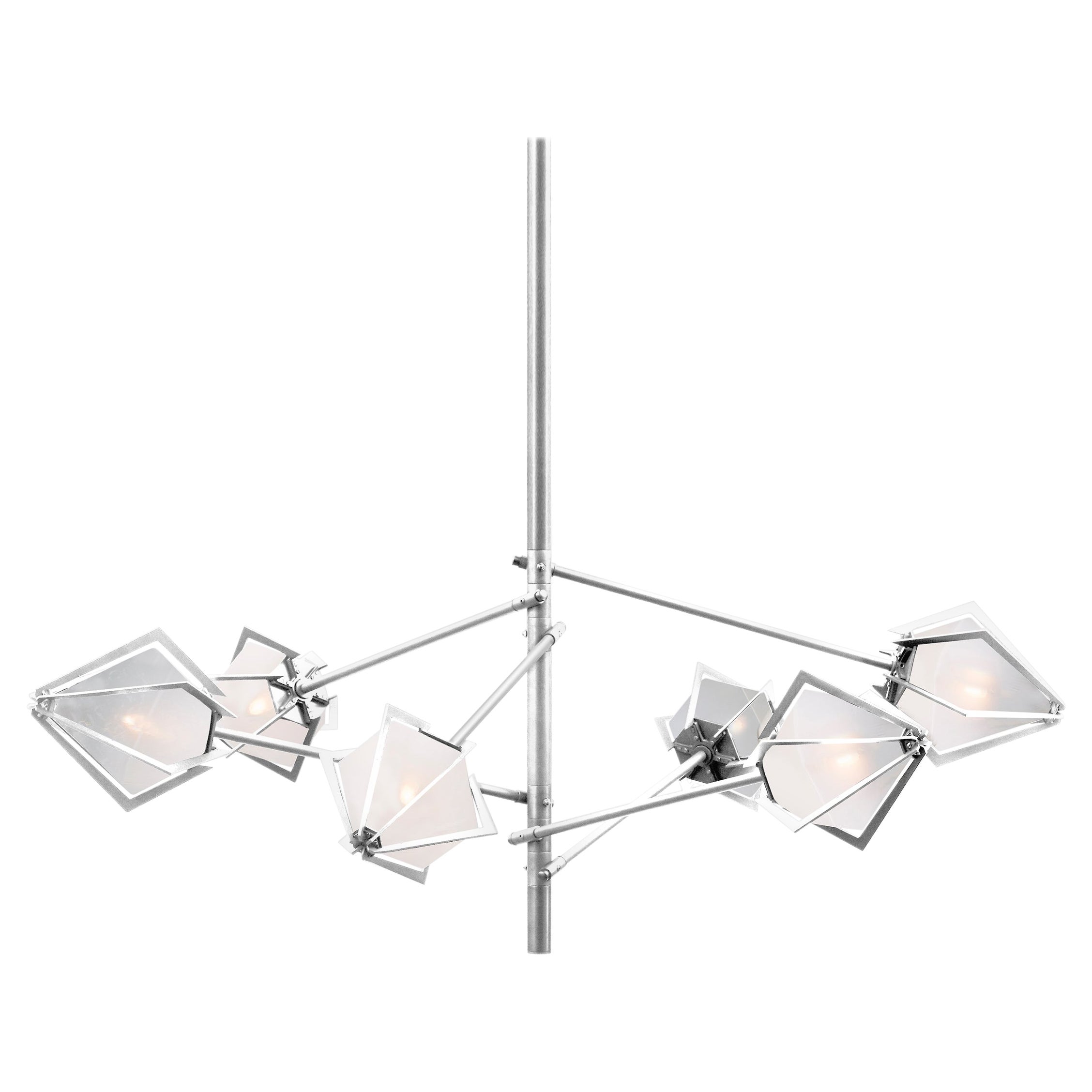 Harlow Spoke Chandelier Small in Satin Nickel and Alabaster White Glass For Sale