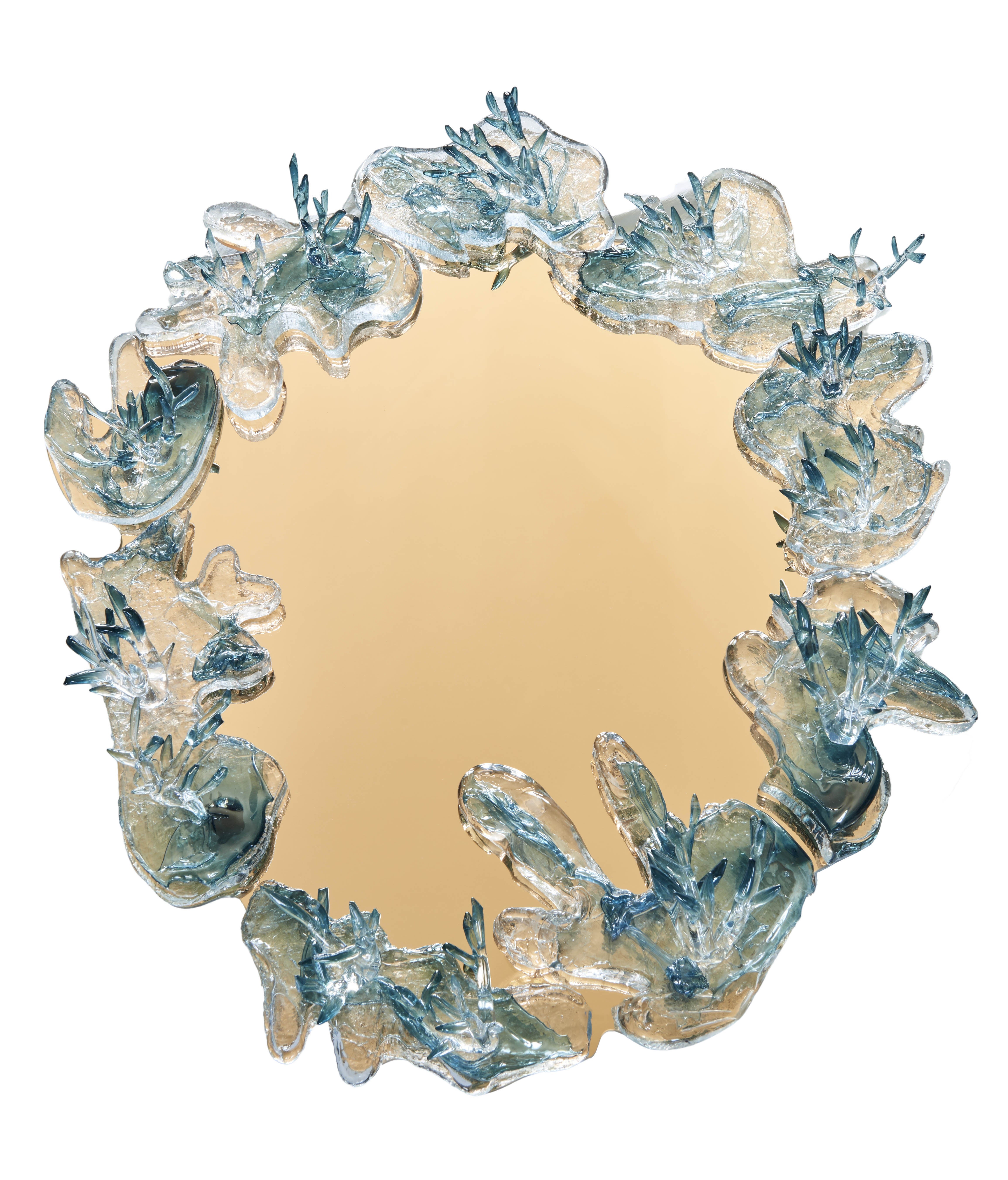 Grand miroir rose avec décor vert par Emilie Lemardeley