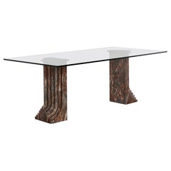 Iconic stepped marble dining table by Carlo Scarpa with glass top