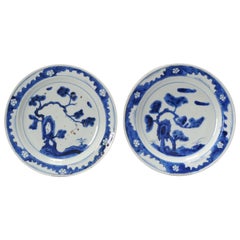 Pair Antique Kosometsuke Dishes Chinese Porcelain Ming Gnarled Pine Tree, 17th C