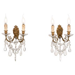 Antique late 19th century pair of brass and baccarat crystal wall sconces