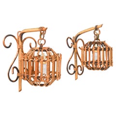 Antique Pair of Sconces "Lantern" in Bamboo and Rattan Louis Sognot Style, Italy, 1960s