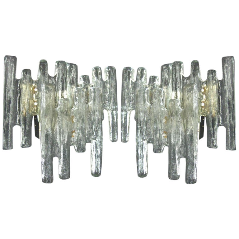 Pair of Italian Mid-Century Modern Murano 'Ice Glass' Wall Sconces by Mazzega