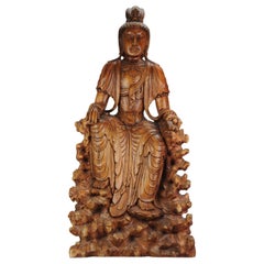 Huge Chinese Carved Wood Statue of Guanyin Goddes Great Carving, 20th Century