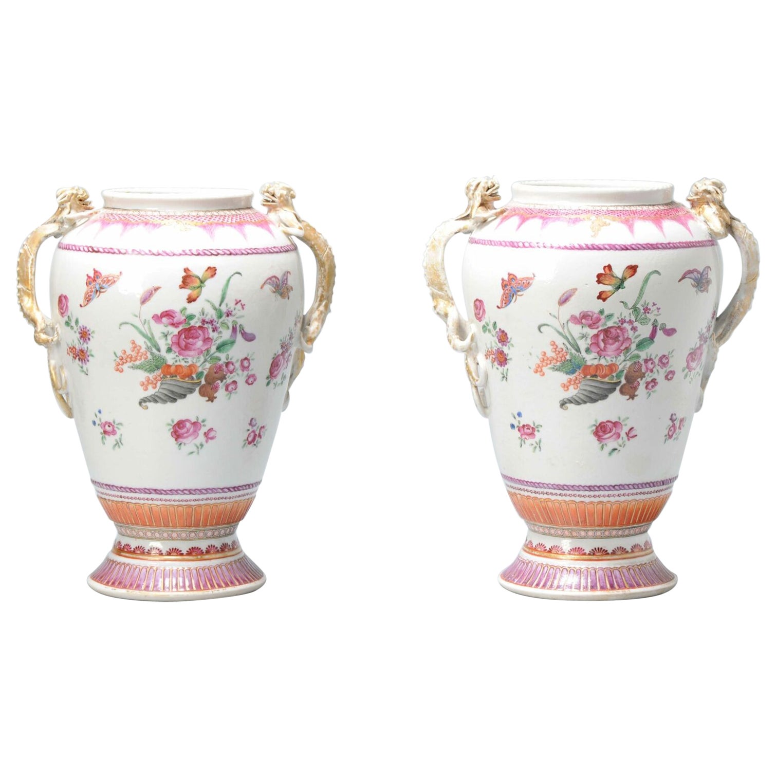 Pair of Antique Chinese Porcelain Vases Chine de Commande Rose Dragon