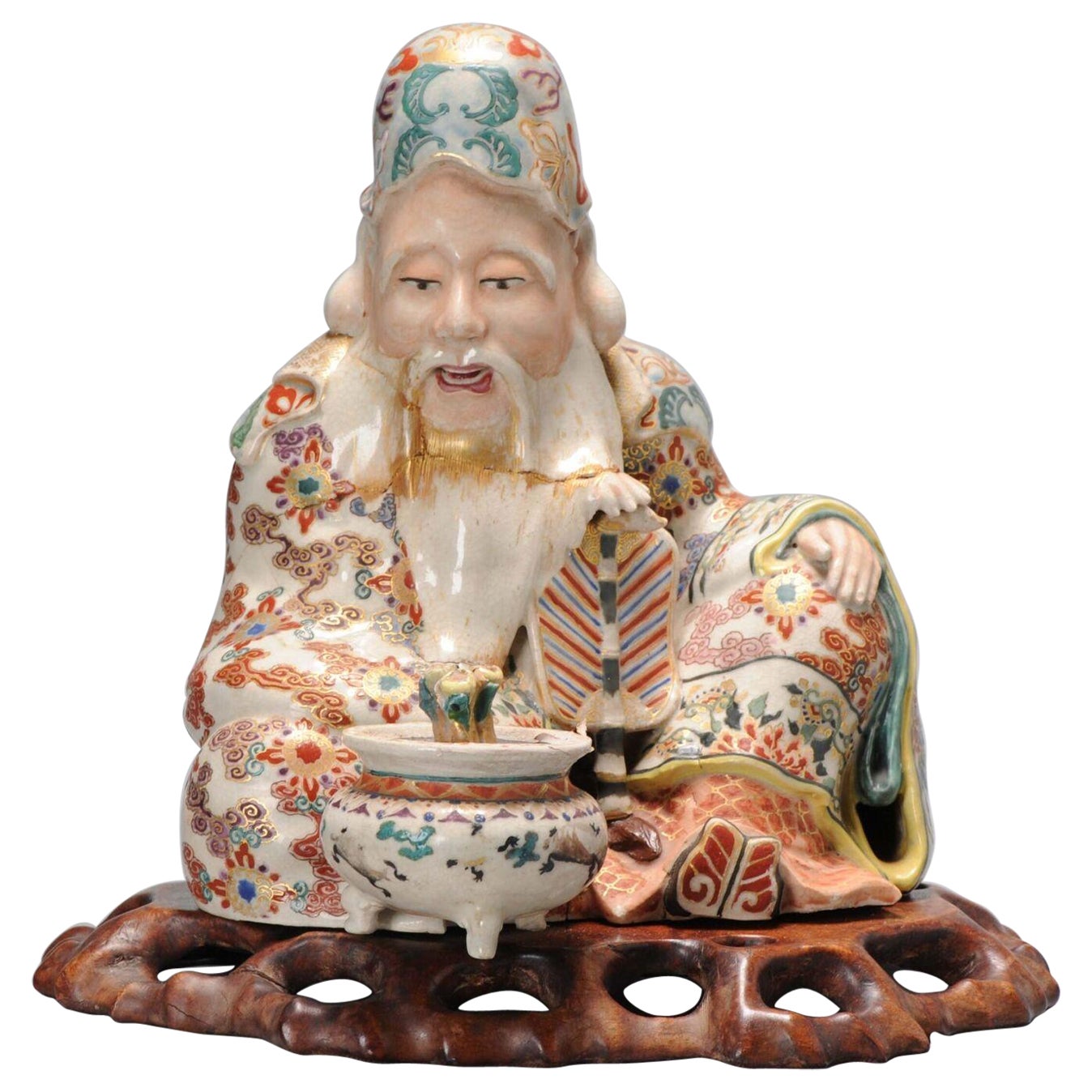 Antiguo Sozan Japonés de Satsuma Estatua Shou Lao Inmortal, Siglo XIX