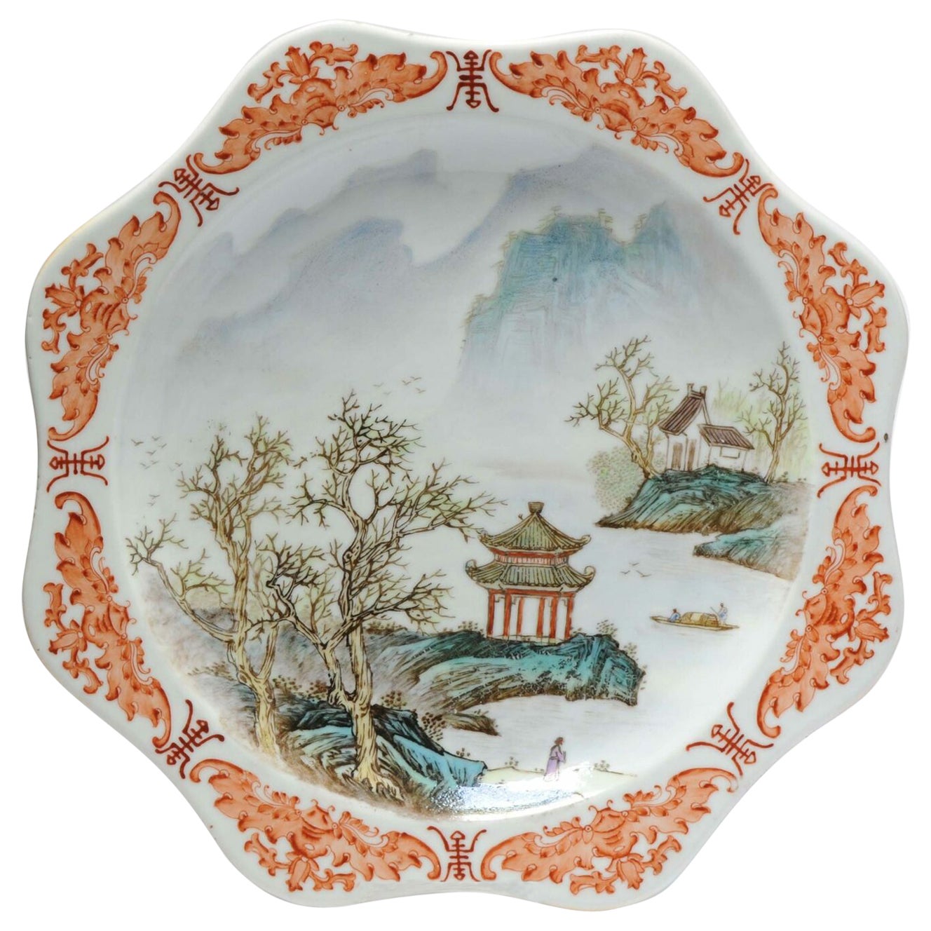 Antique Chinese Porcelain Dish Republic Period Qianjiang Style Landscape Marked
