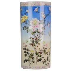 Large Antique Japanese Porcelain Umbrella Stand Vase with Flowers Marked, 20th C