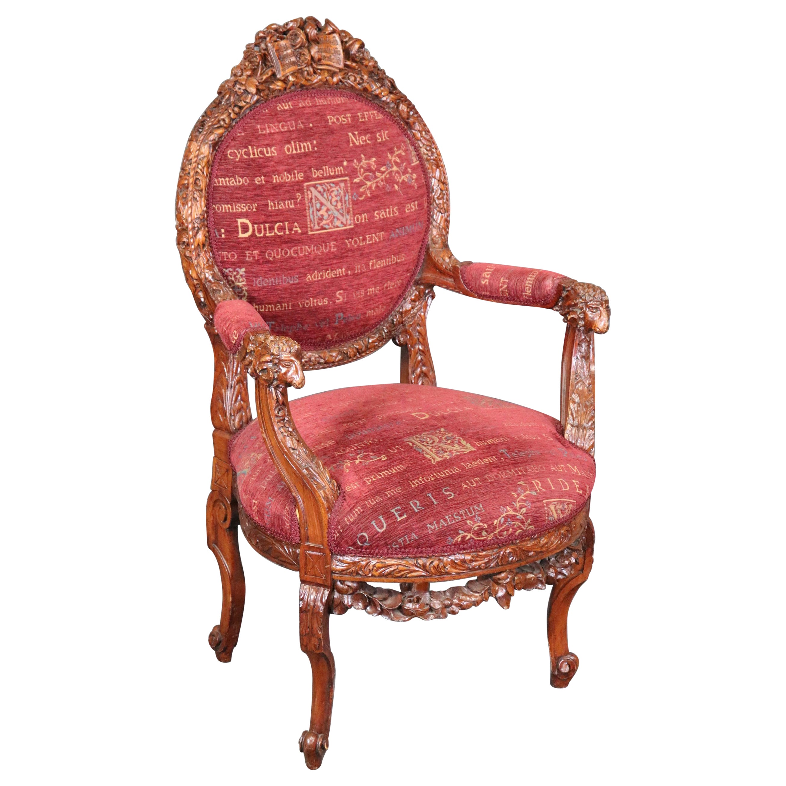 French Carved Regency Rams Head Musical Themed Armchair Circa 1920s 
