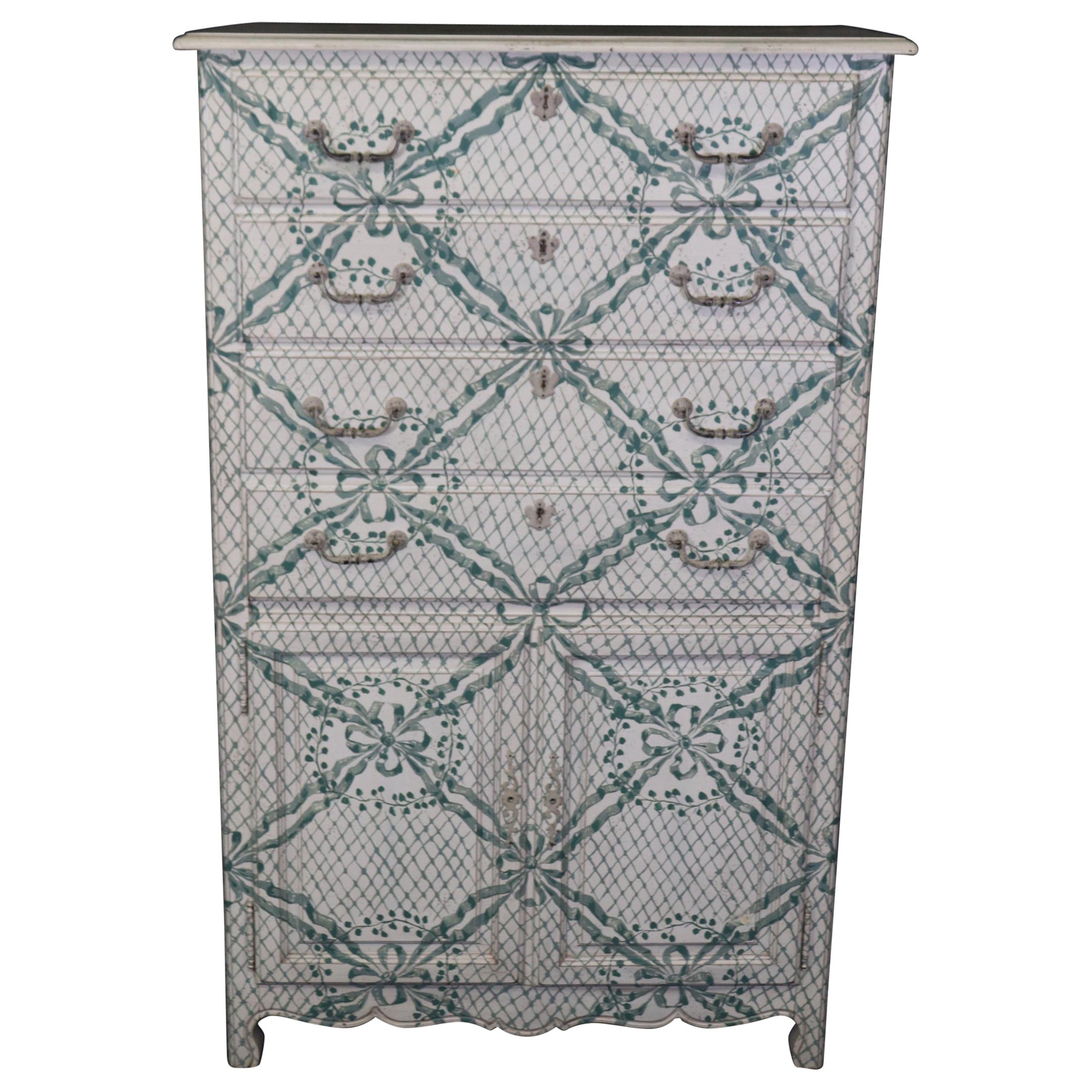 Charming Hand-Painted Tall Dresser with French Ribbon Painted Scheme For Sale