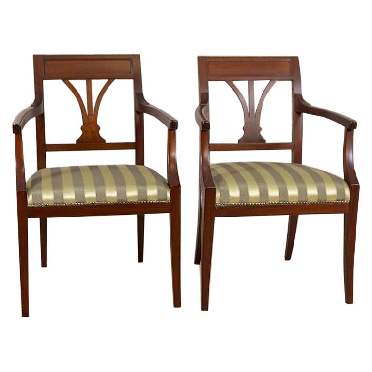Two Armchairs Circa the 1980s/1990s of Classicizing Forms in Striped Upholstery For Sale