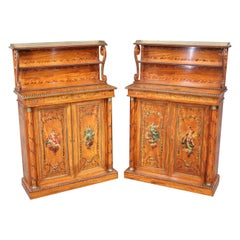 Antique Pair of Exceptional Adams Paint Decorated Satinwood English Side Cabinets 
