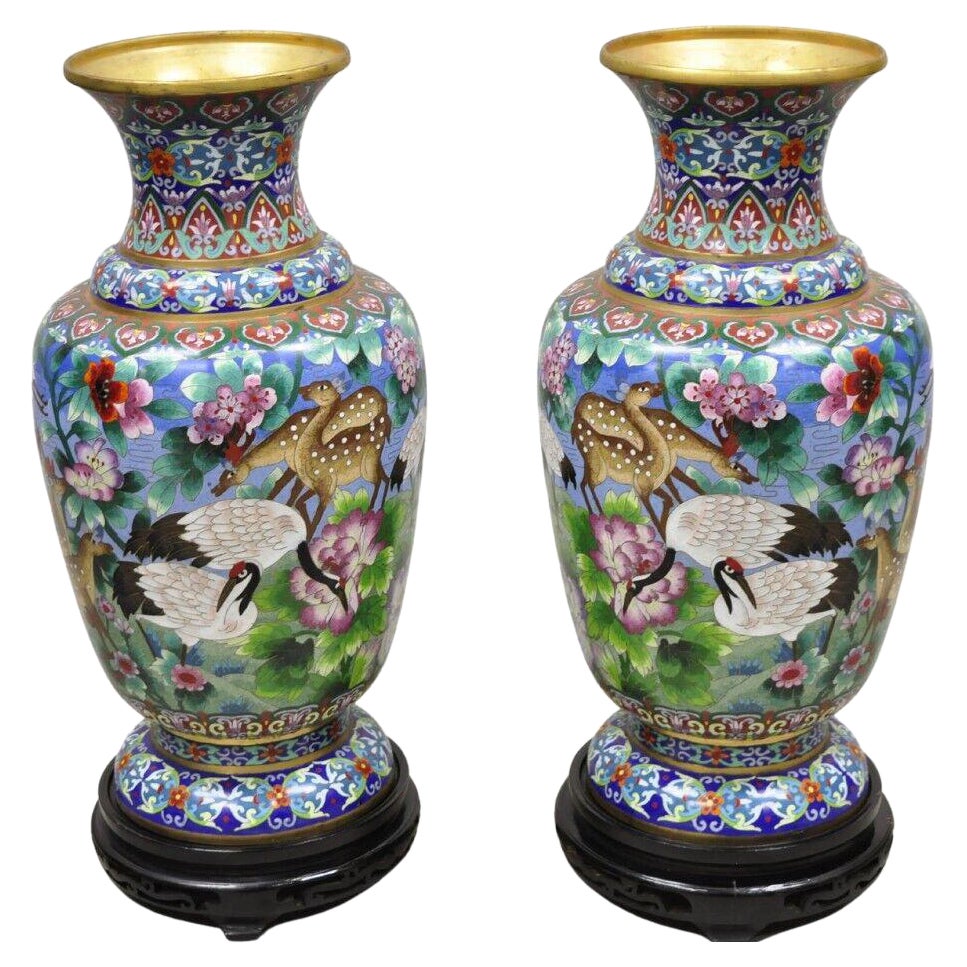 Vintage Chinese Cloisonné Porcelain Enamel Figural Crane and Deer Vase - a Pair For Sale