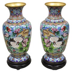 Vintage Chinese Cloisonné Porcelain Enamel Figural Crane and Deer Vase - a Pair