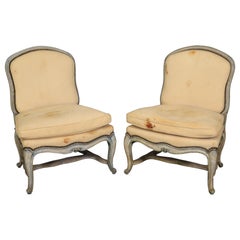 Pair Armless French Louis XV Antique White Yellow Glaze Leather Bergere Chairs