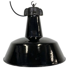 Industrial Black Enamel Factory Lamp with Cast Iron Top, 1950s